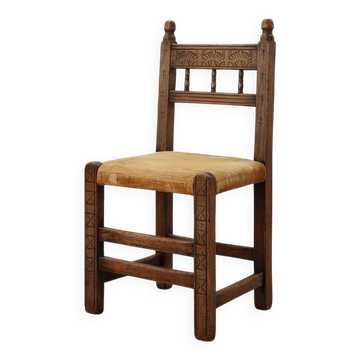 19th Century Spanish Hand-Carved oak Side Chair with Velour Seat