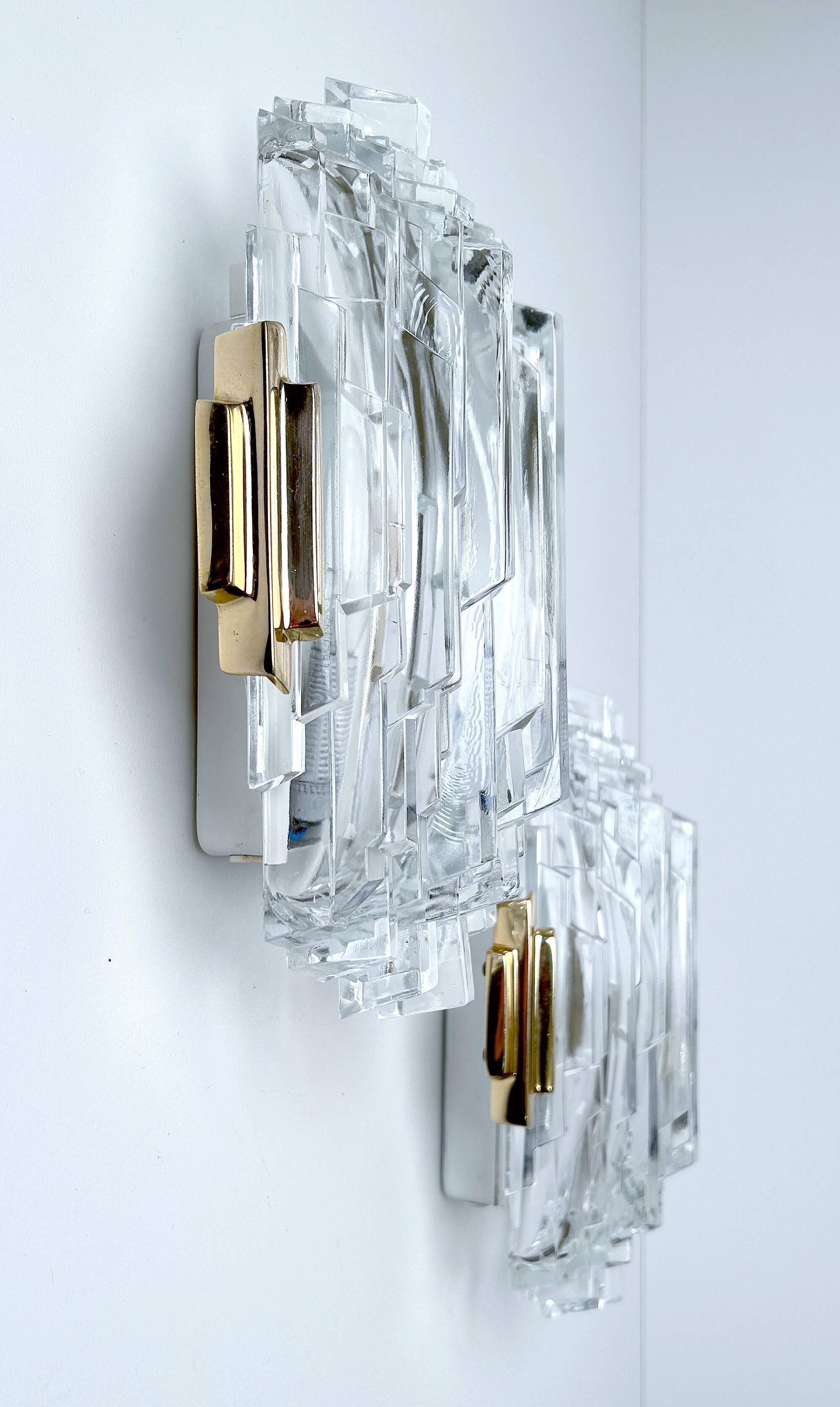Pair of vintage wall lamps, glass and bronze gilded with fine gold