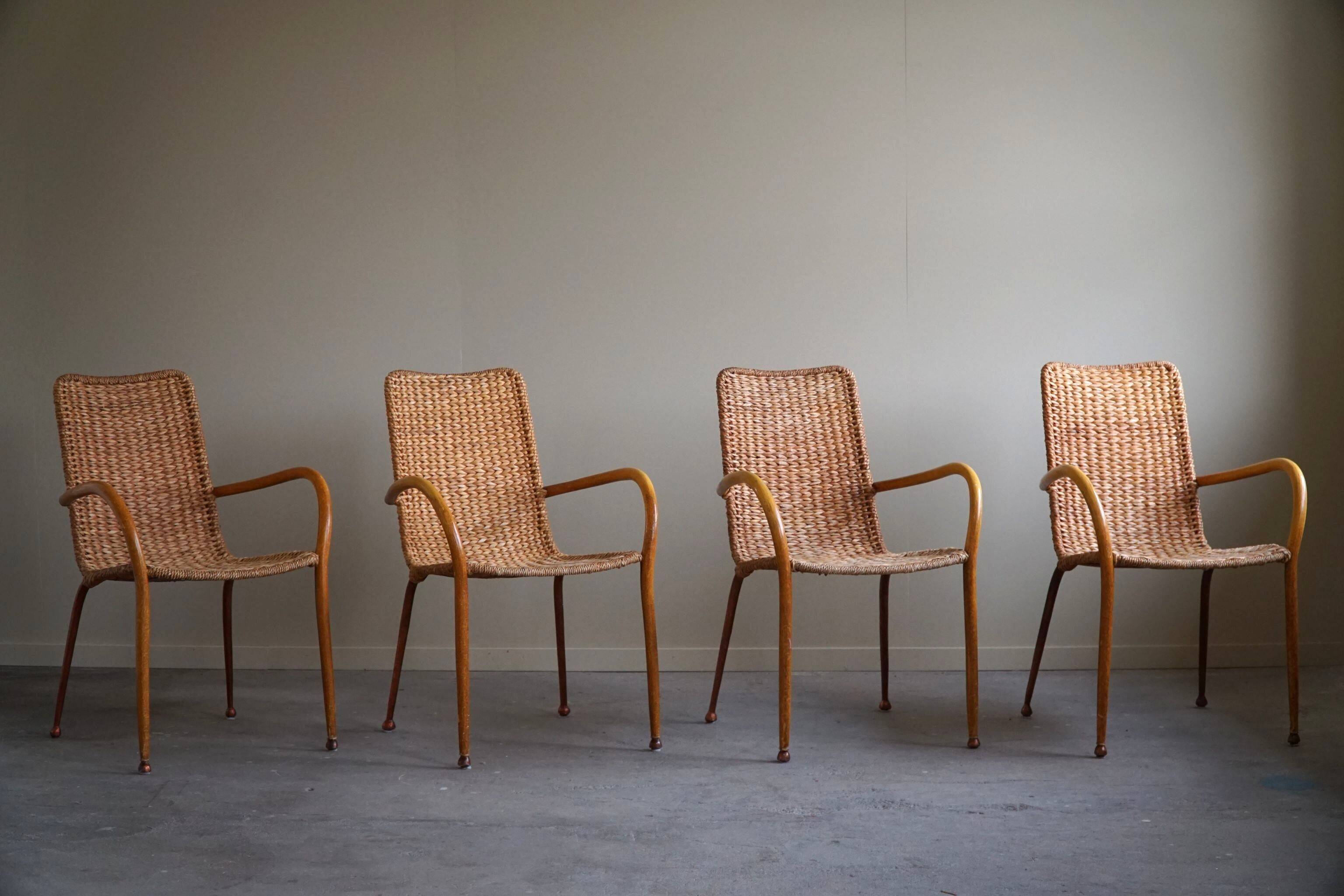 Set of 4 vintage Italian wicker and birch armchairs, mid-century modern, 1950.