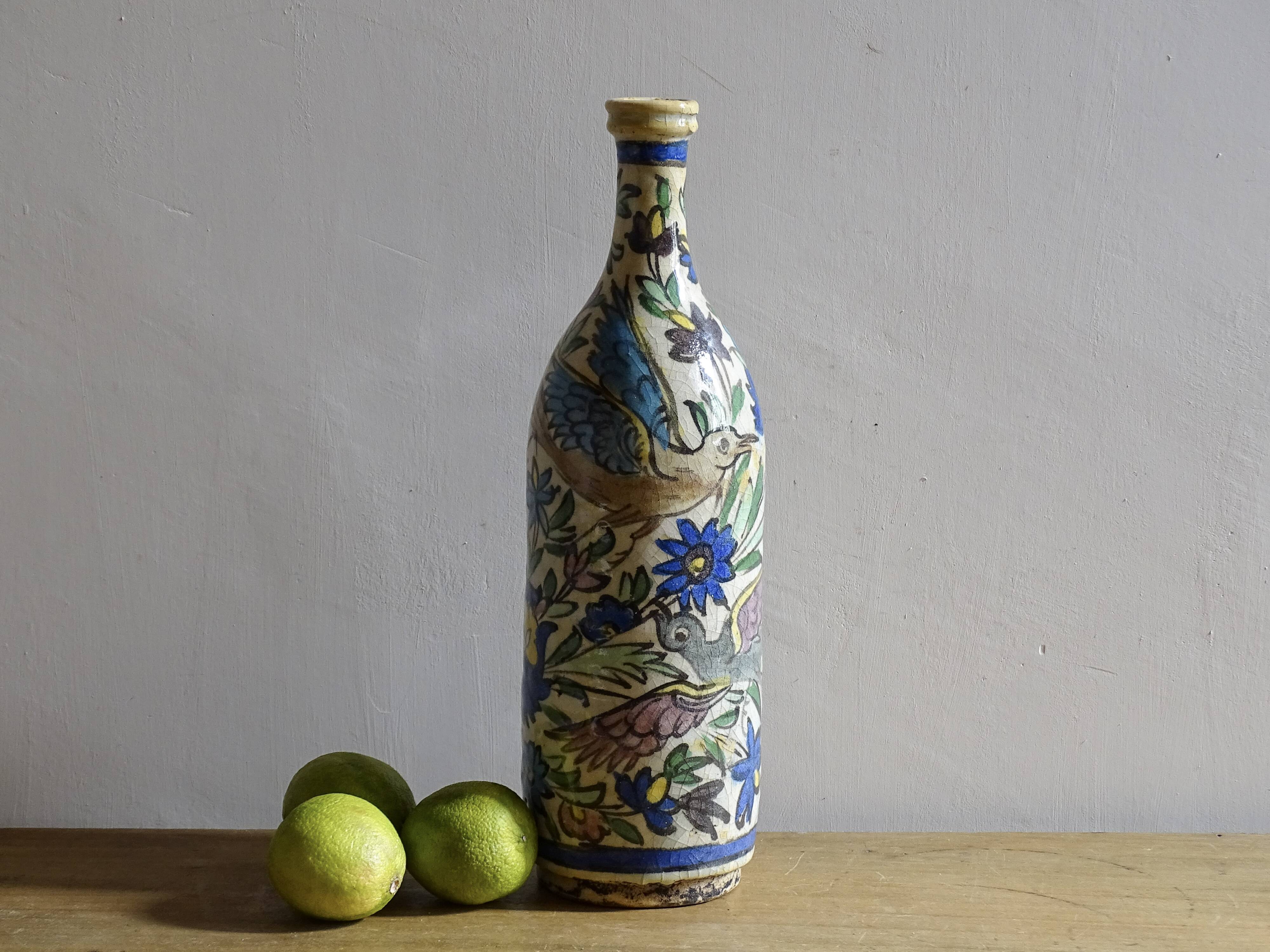 Antique Iznik Style Pottery Bottle with Birds, Ottoman Revival Ceramic Vase