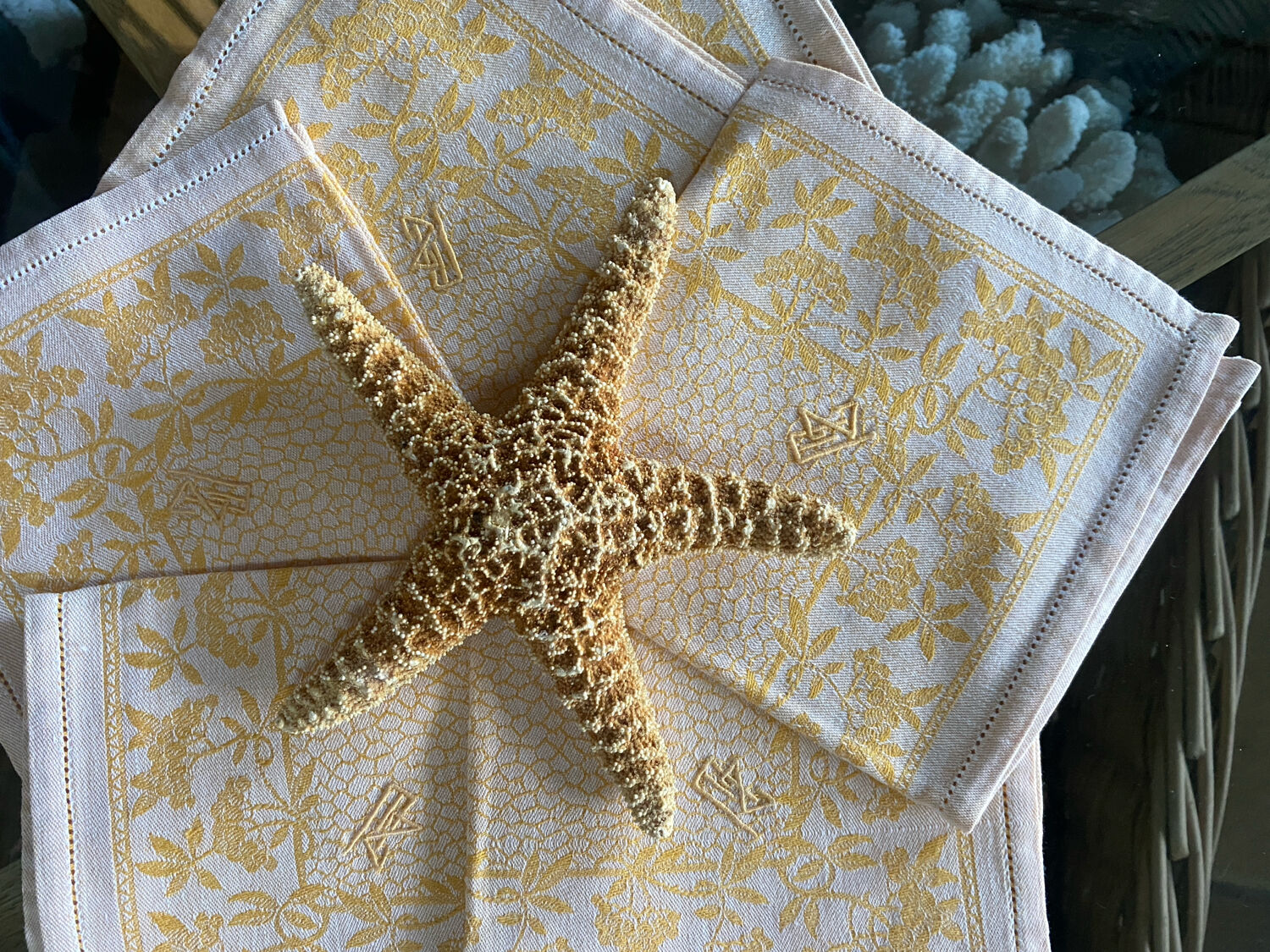 Set of 6 monogrammed damask tea towels