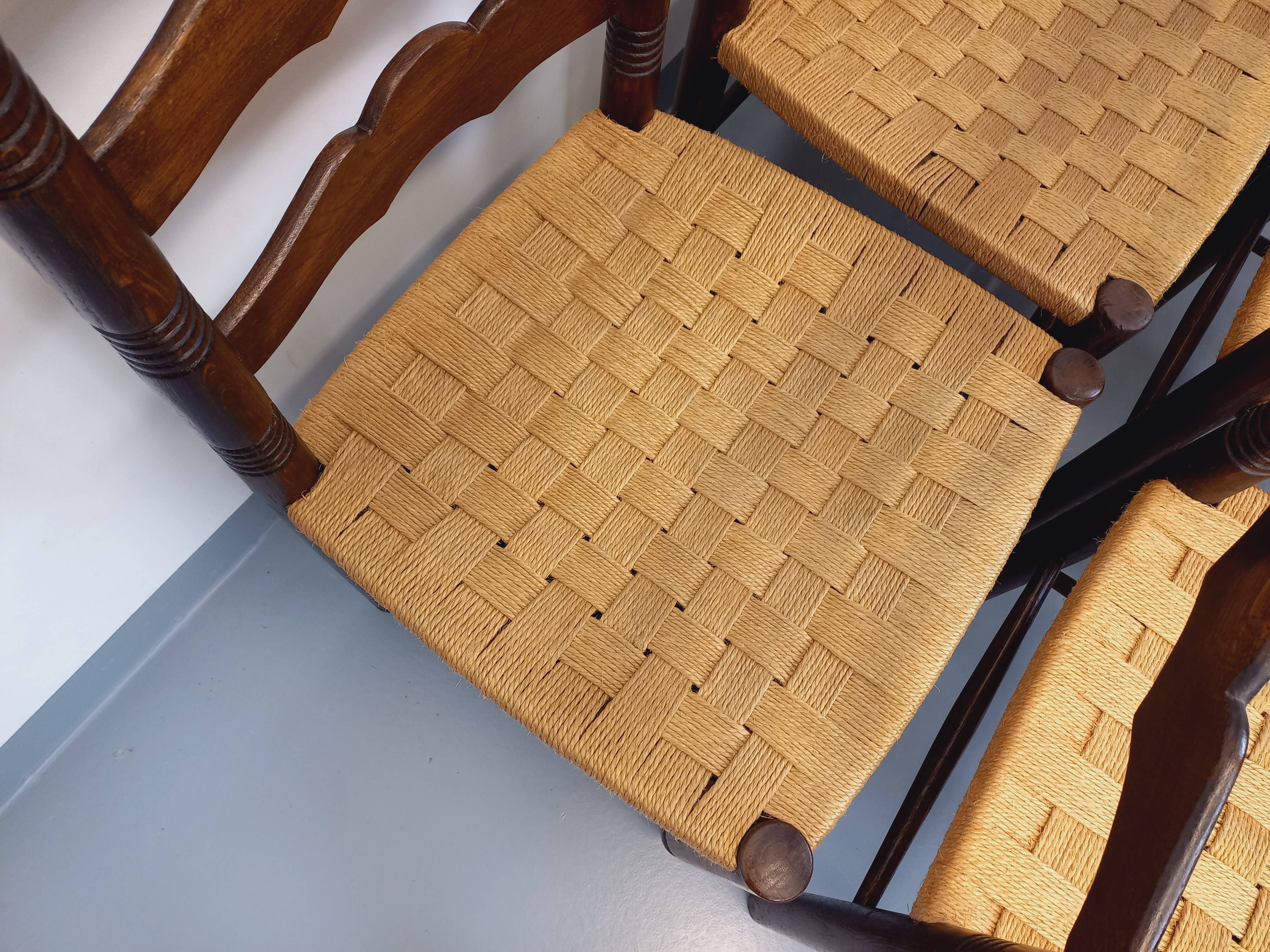 Set of 6 vintage Arts & Crafts chairs in Antonio Calligaris style in rope oak wood from the 50s