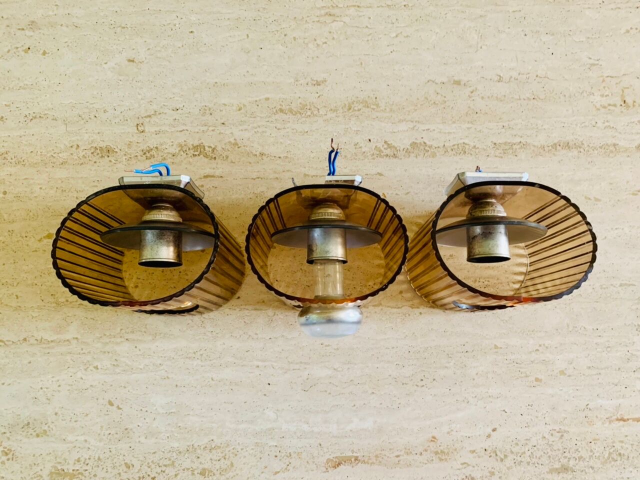 Set of 3 vintage wall lamps in smoked plexiglass, circa 1970's