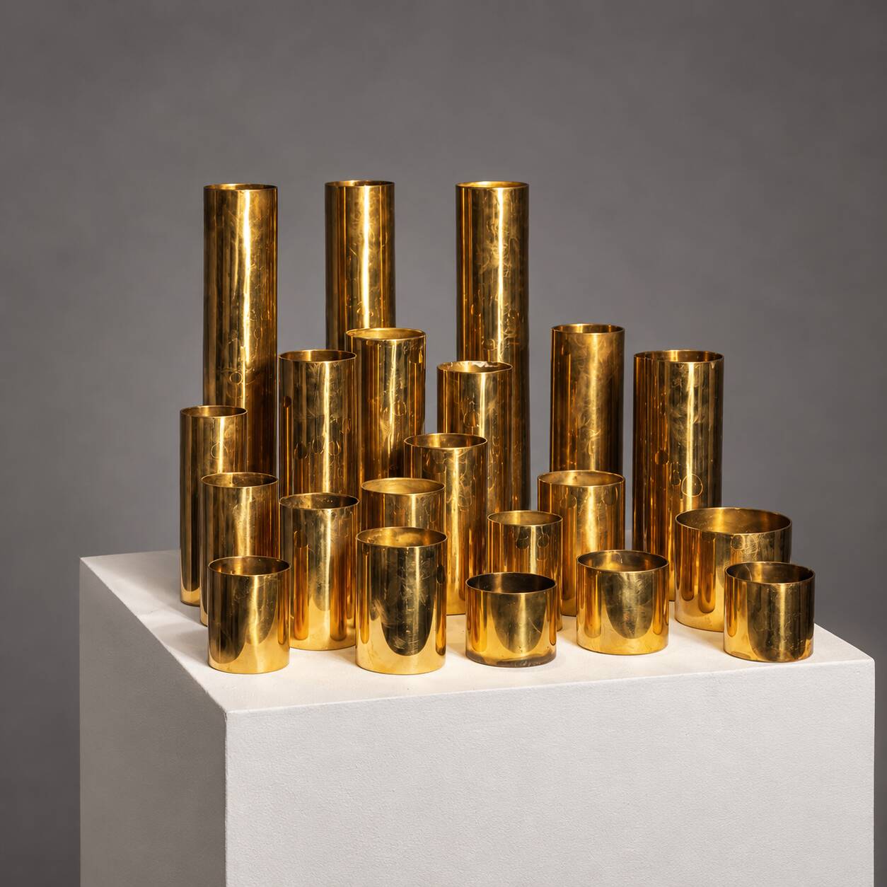 Collection of 21 modular brass candle holders — Colseth, Norway, circa 1960–70