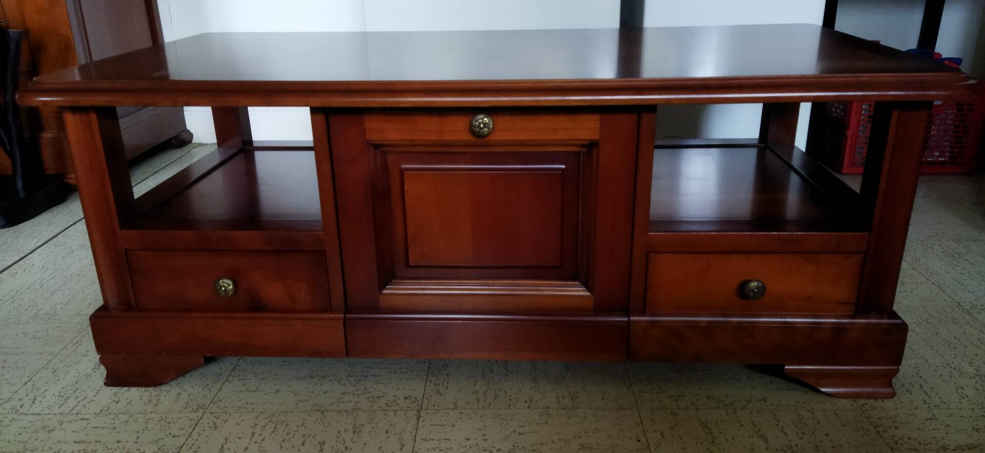 Louis Philippe style coffee table in cherry wood with large drawers.