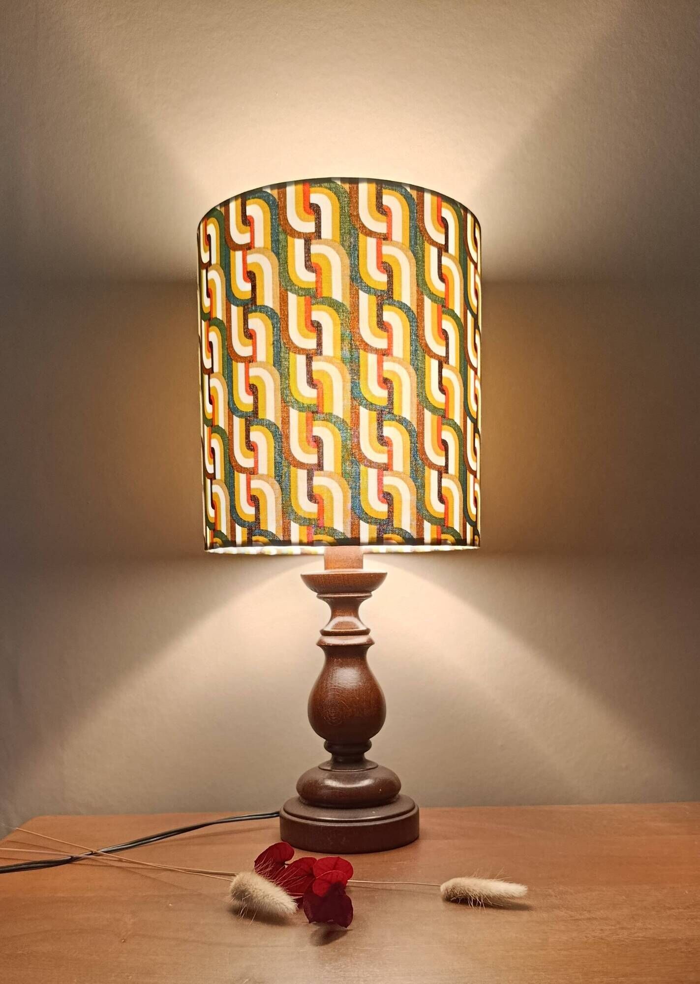 Vintage turned wood lamp, seventies graphic lampshade.