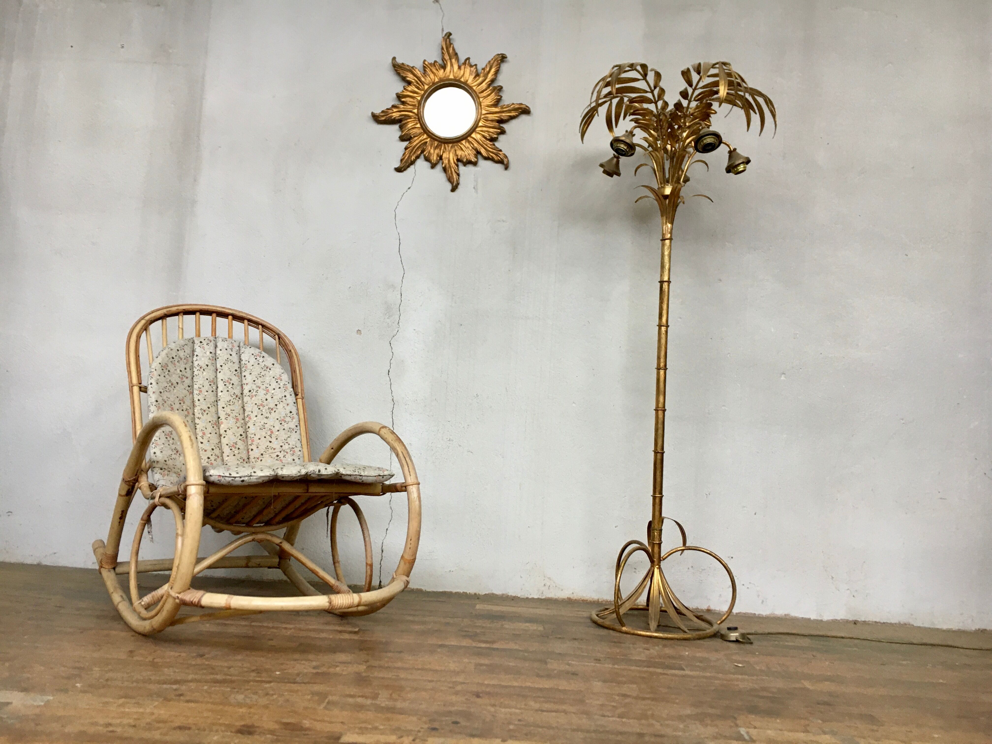 Rocking flesh in bamboo rattan and vintage wicker 1950