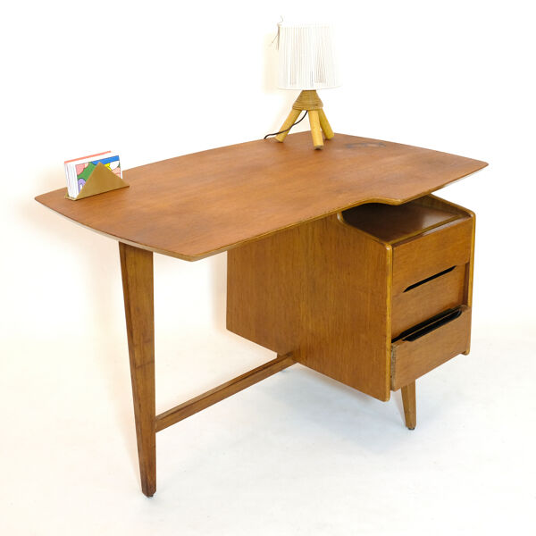 Bureau en chêne tripode, Jacques Hauville 1950
