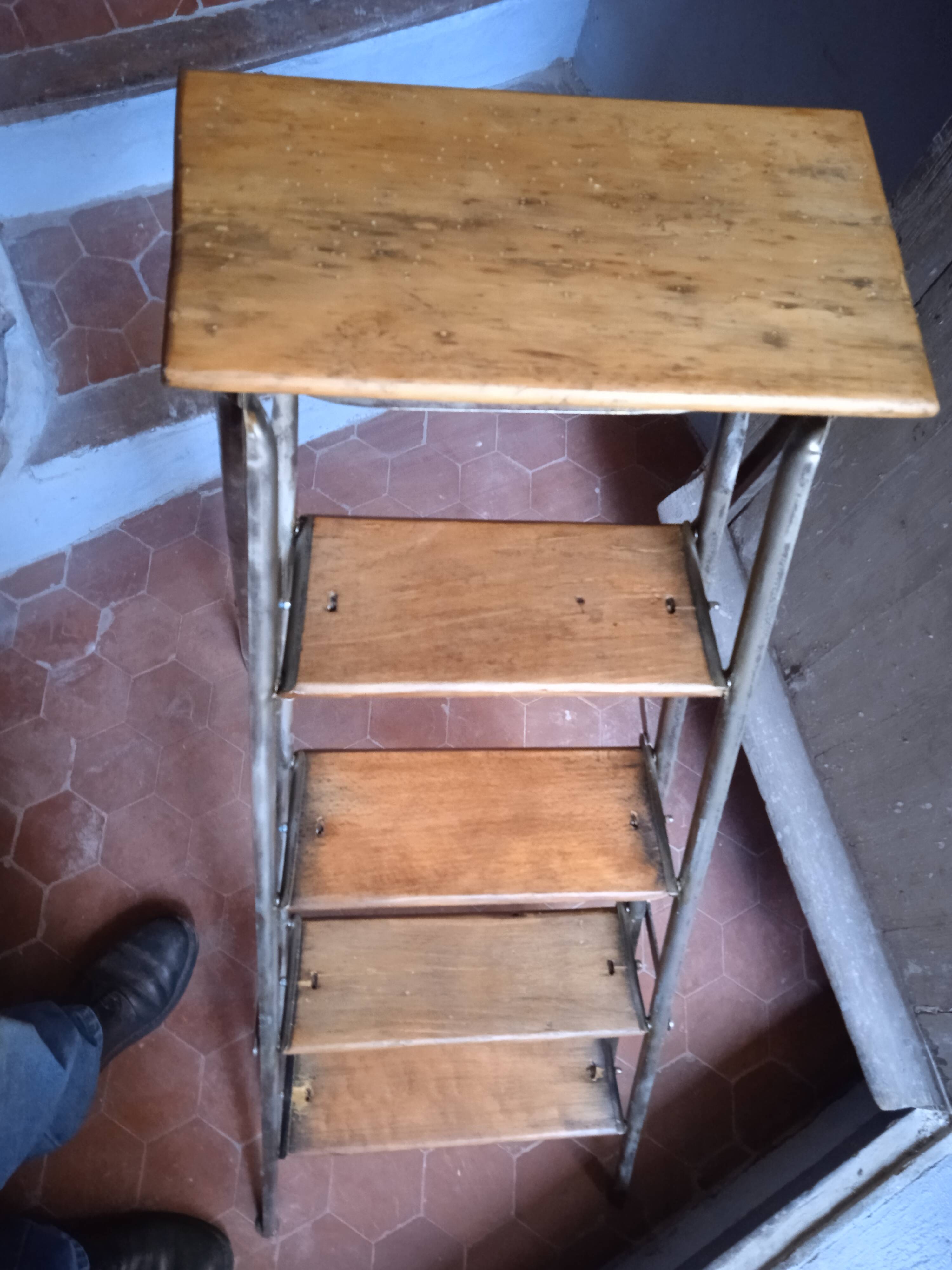 Vintage iron and wood stepladder with 5 steps