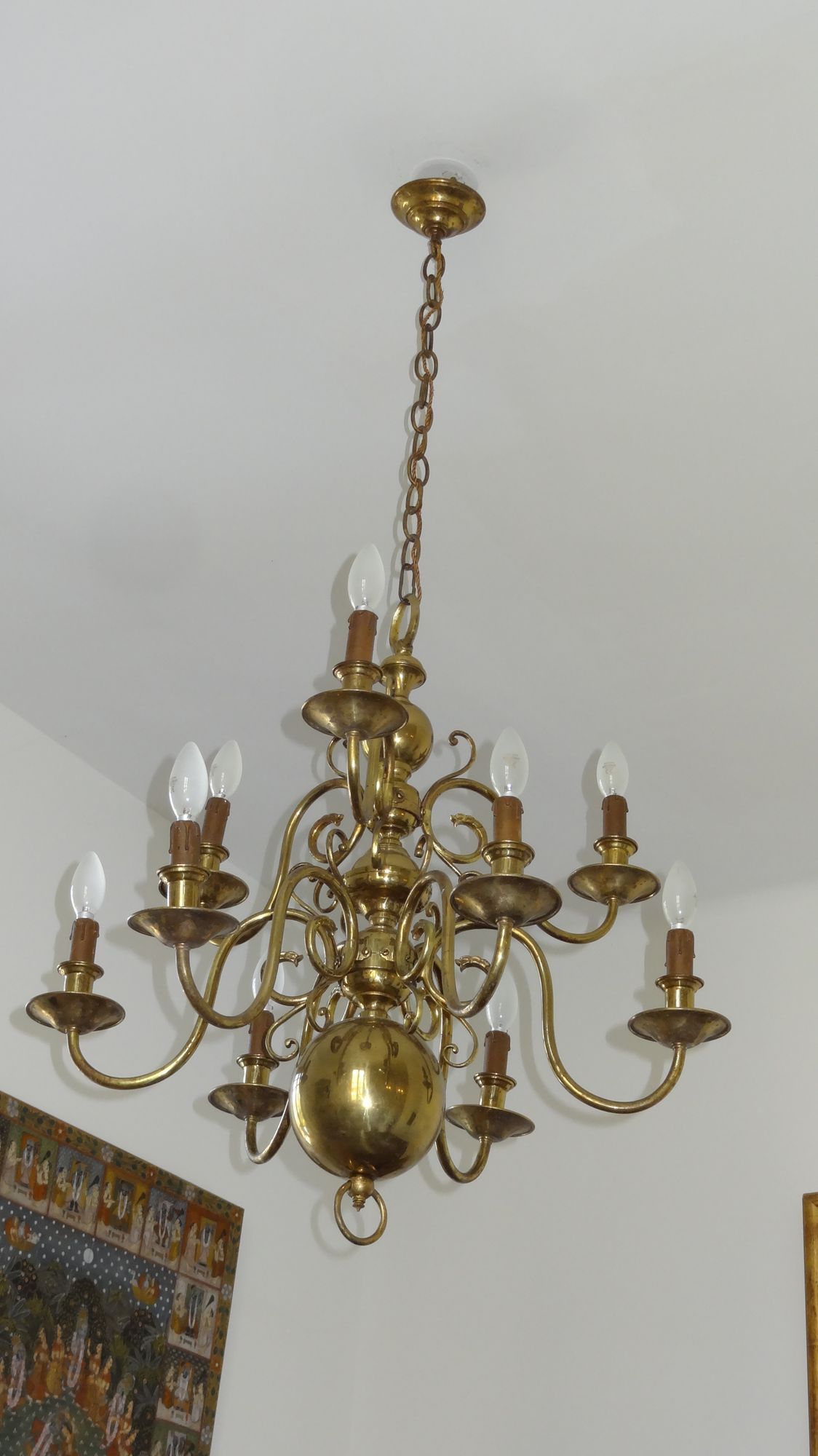 "Dutch" gold metal chandelier with 9 light arms - 1960