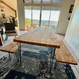 Table en bois massif neuve avec deux bancs - 2 mètres (200x90x5,5cm)