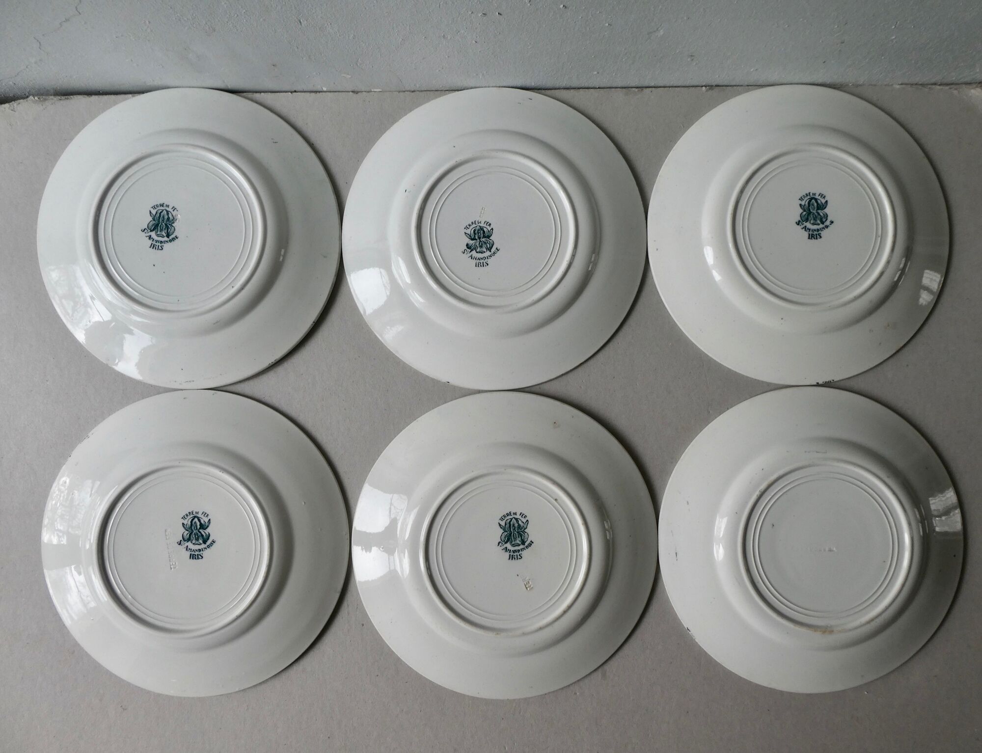 Lot of 6 flat plates Saint Amand Amand in Amandinoise, décor Iris, 1900
