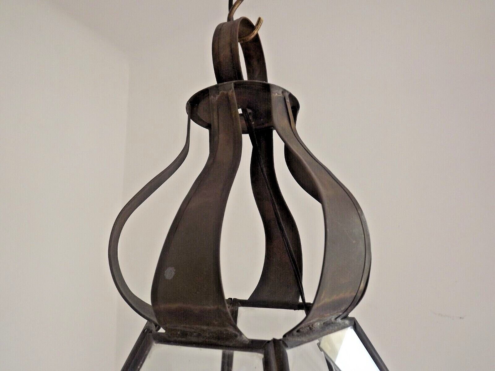 Hexagonal shaped copper and glass hanging lantern