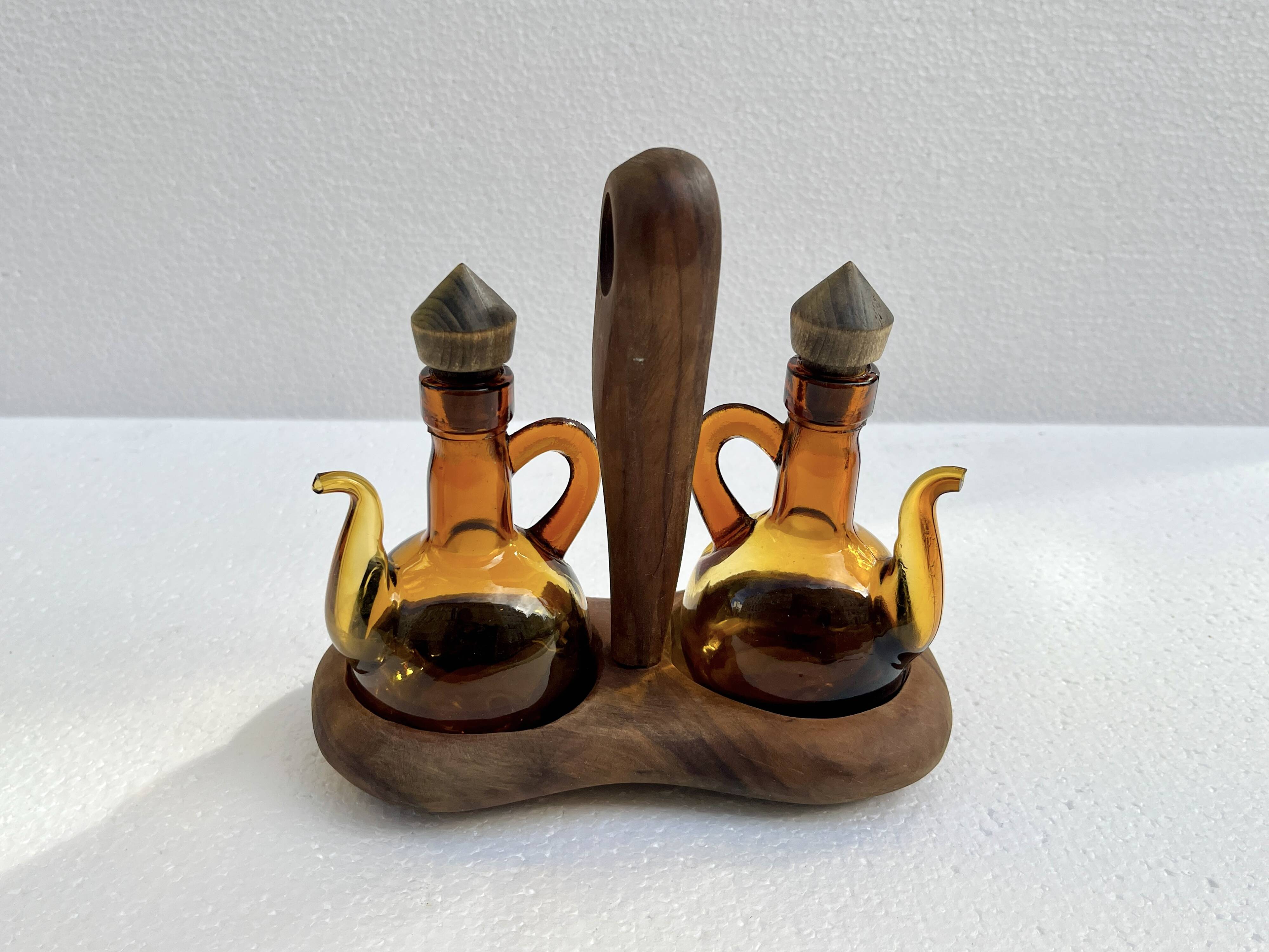 Oil and vinegar server amber glass and olive wood