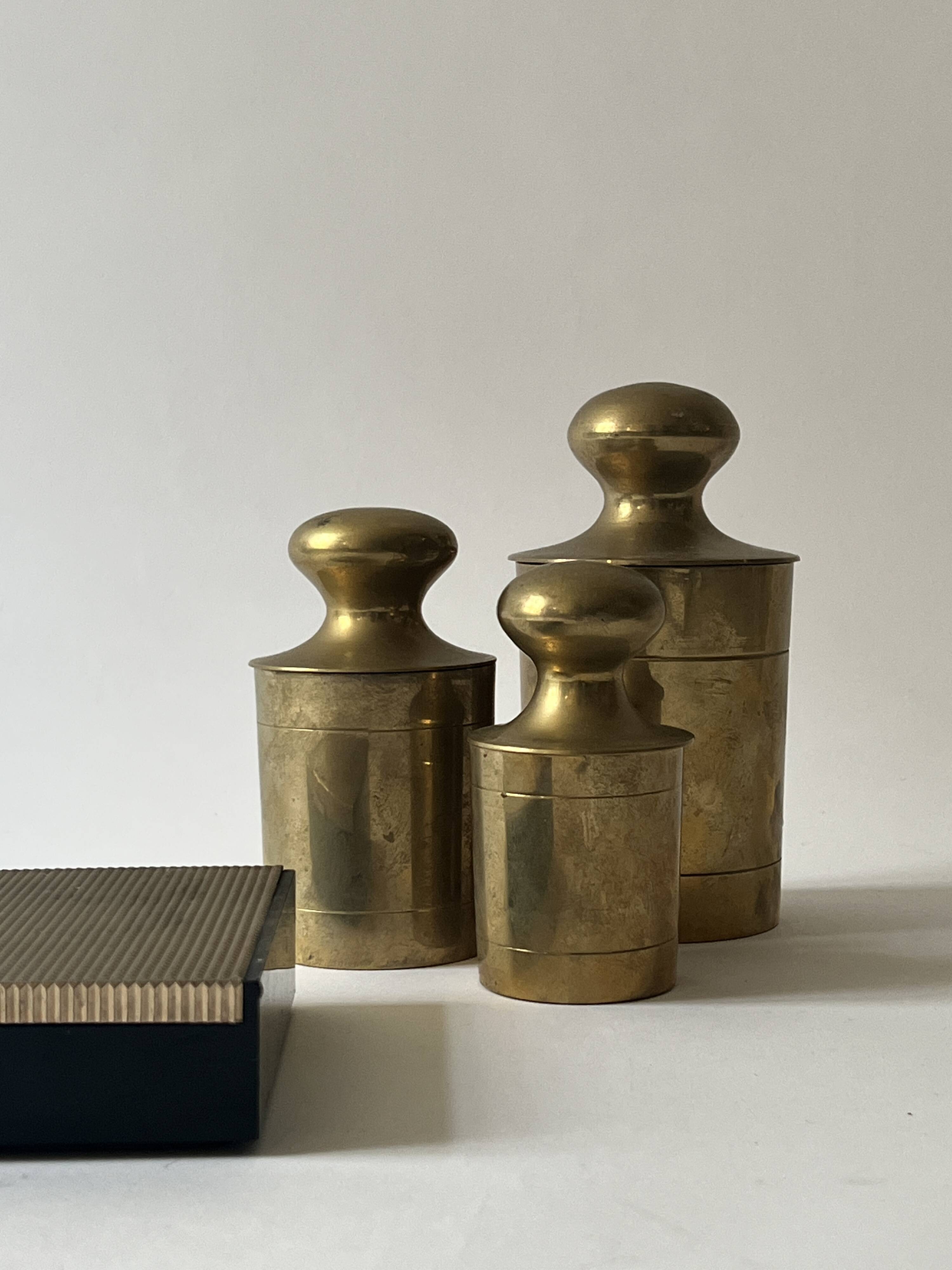 Set of 3 vintage boxes with genuine brass lids, 1950s.