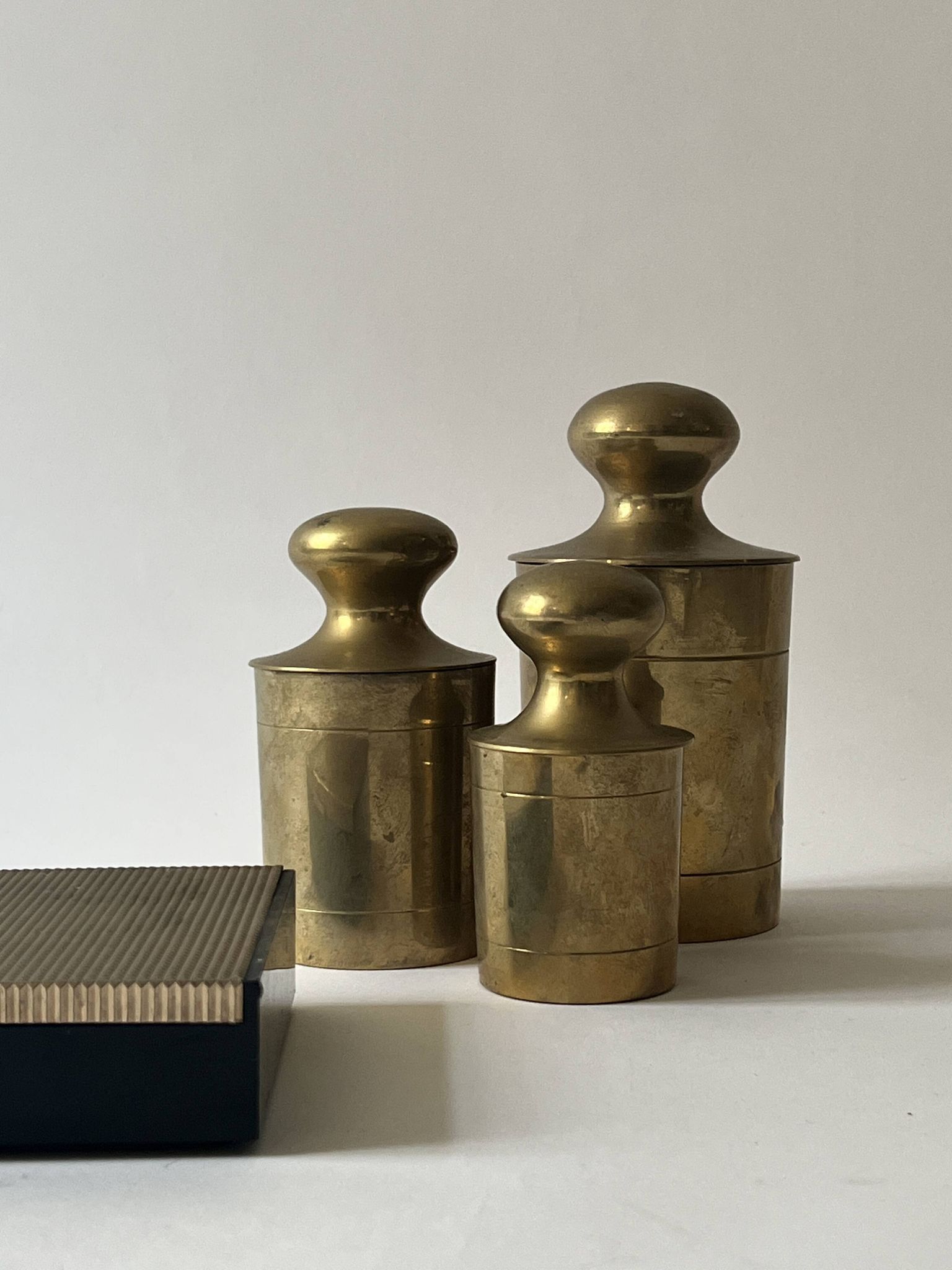 Set of 3 vintage boxes with genuine brass lids, 1950s.