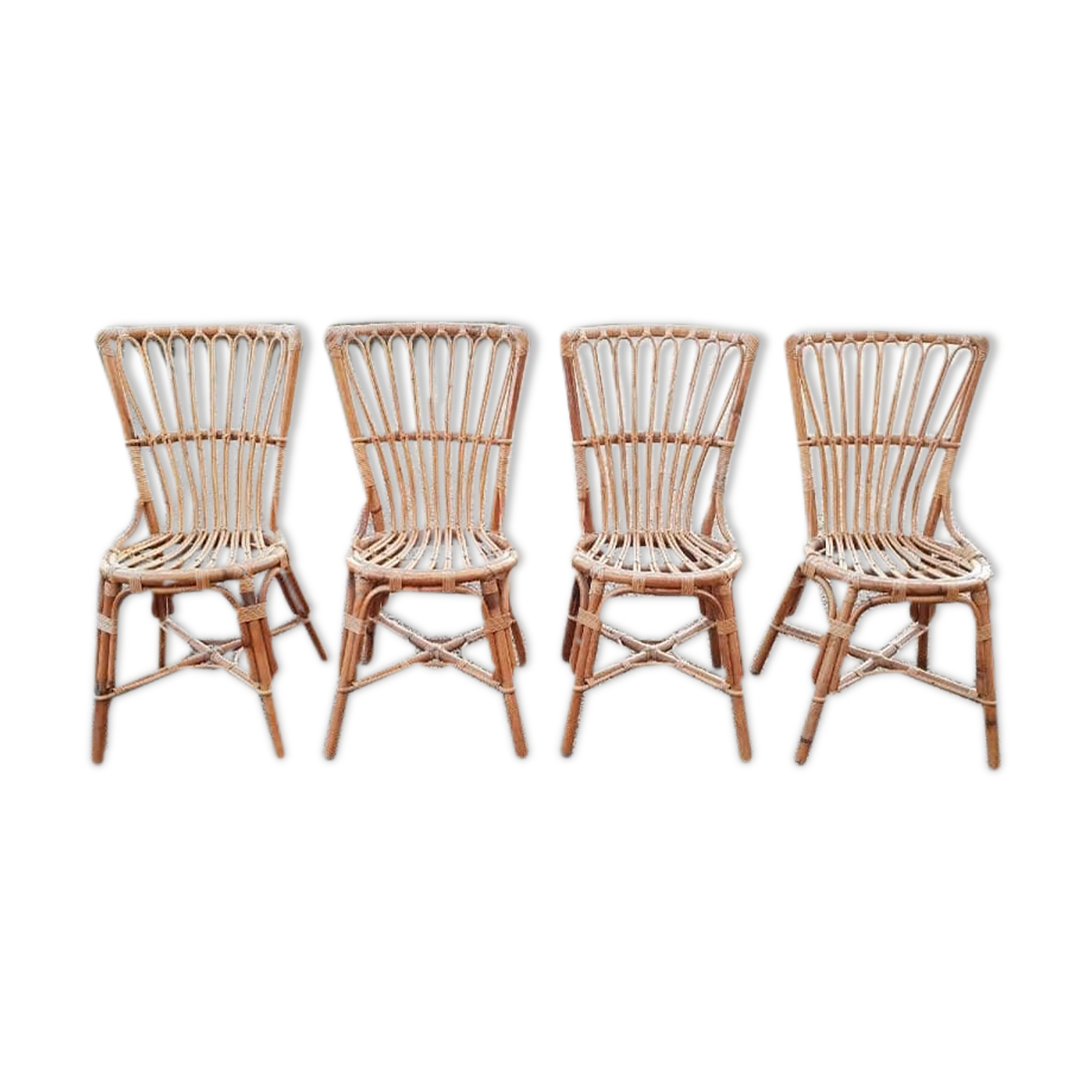 Four vintage bamboo and rattan chairs