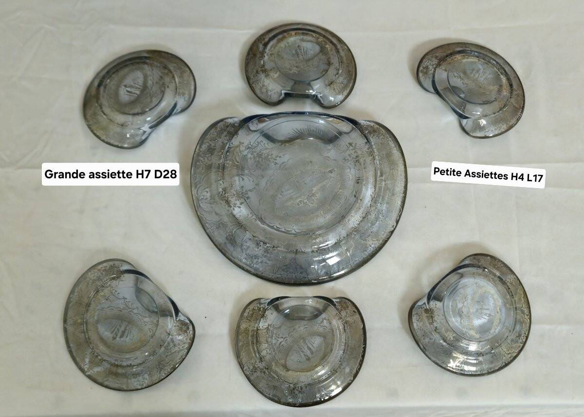 Service ancien en verre argenté – 7 pièces – Venise – décor gravé