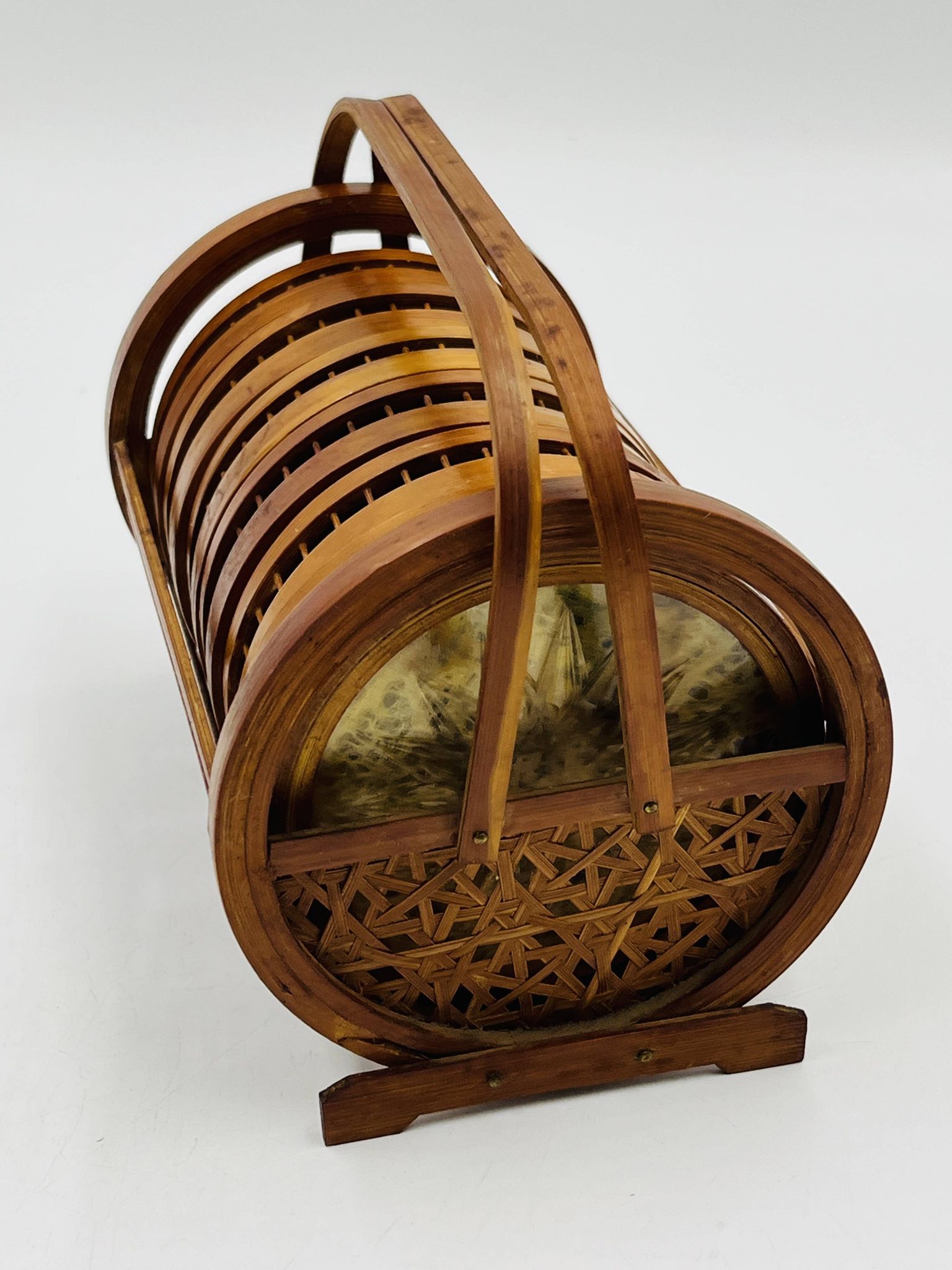 Vintage wooden coaster holder with 6 butterfly coasters.
