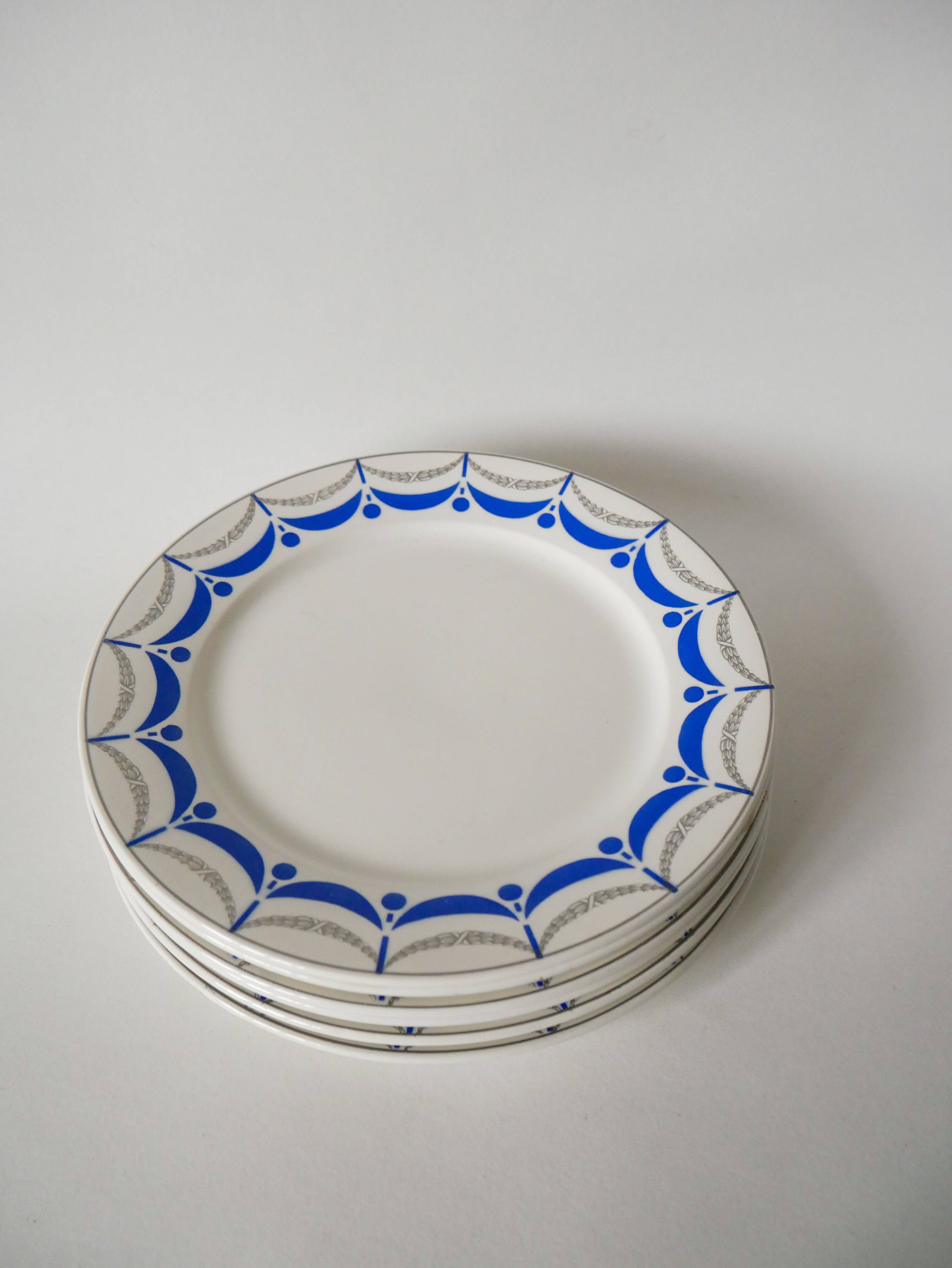 Set of 6 digoin sarreguemines flat plates blue and silver model "moulins" 1950