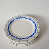 Set of 6 digoin sarreguemines flat plates blue and silver model "moulins" 1950