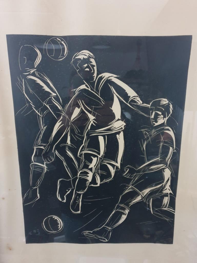 Linocut foot ball - art deco painting - vintage sport