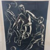 Linocut foot ball - art deco painting - vintage sport