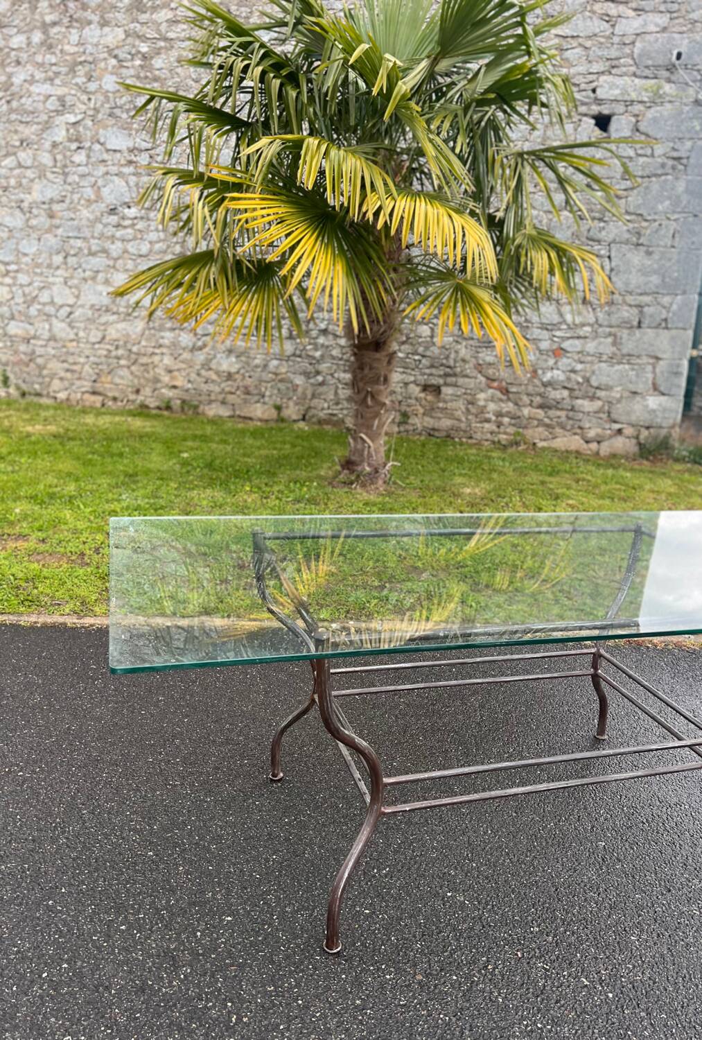 Rectangular table translucent glass top metal base vintage 1980