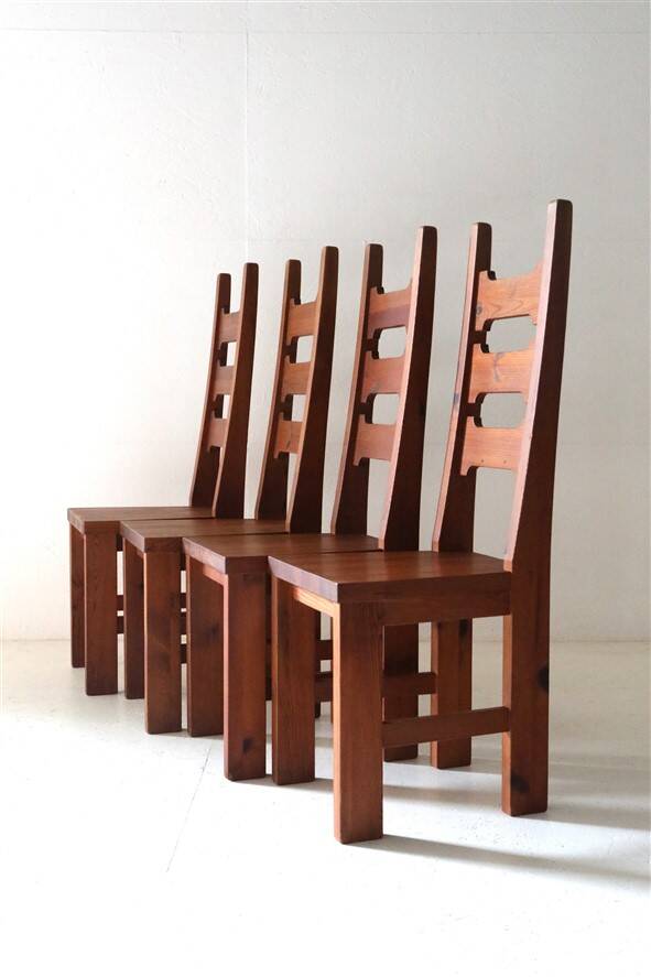 Set of 4 pinewood chairs by Sven Larsson / 1970s / Brutalism / Postmodern design