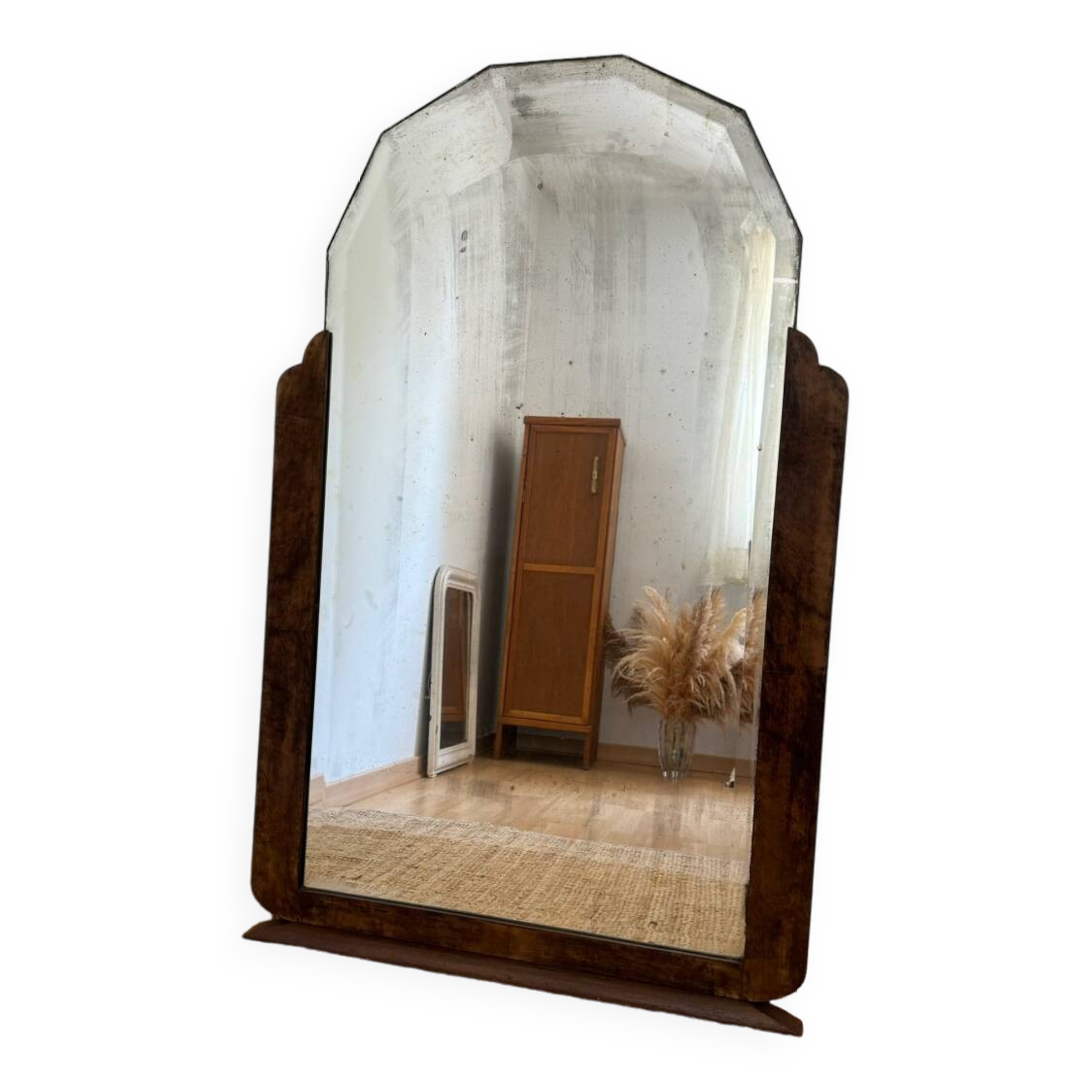 Grand miroir biseauté art déco en noyer