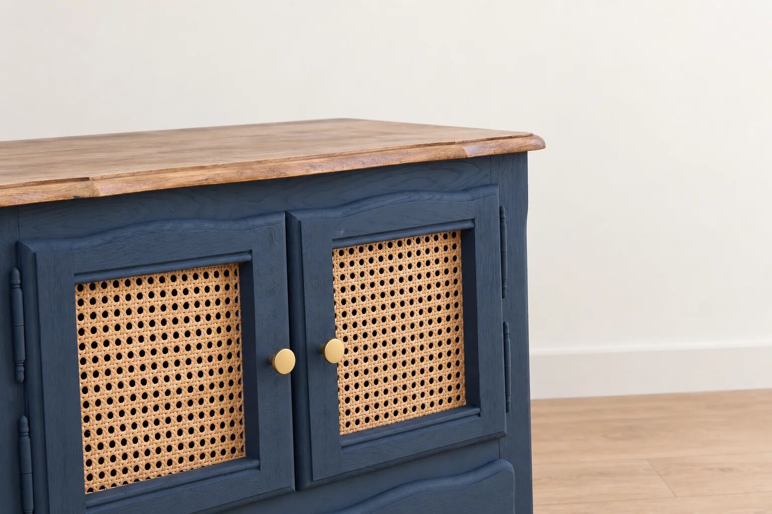 Small renovated vintage buffet in blue from Vosges, Libéron and caning – 2 doors, 2 drawers