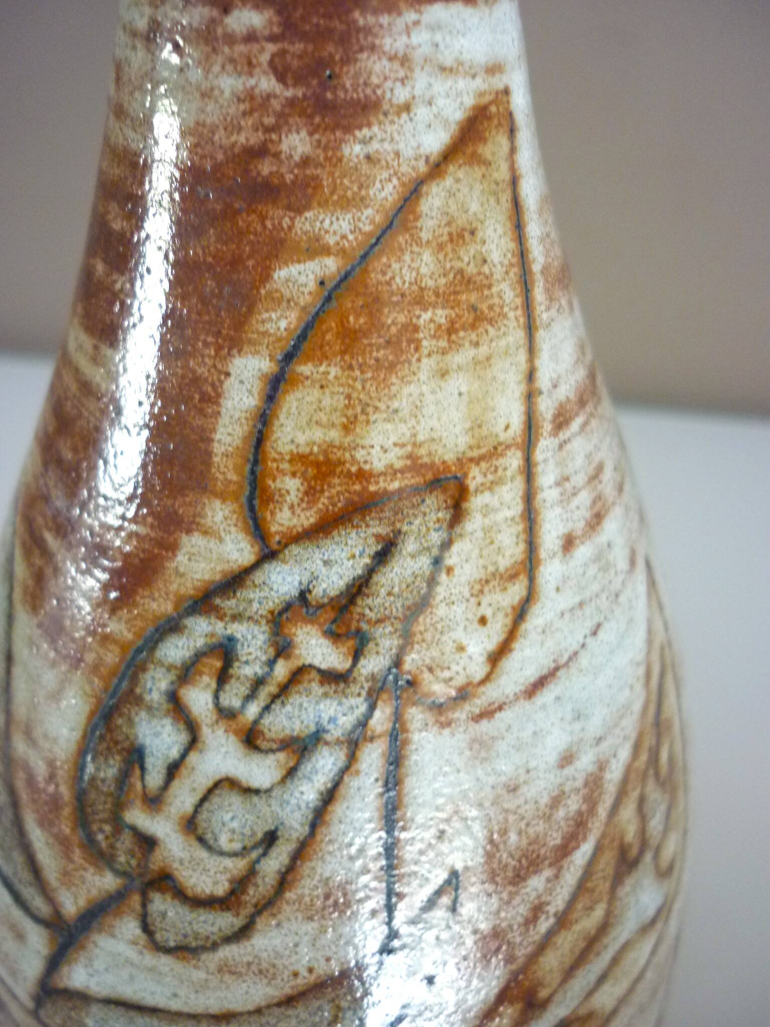 Glazed ceramic drop vase, signed Michel Argans, leaf decoration