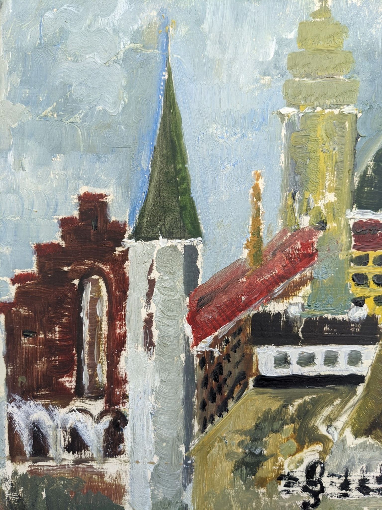 Mid-Century Modern Swedish Cityscape "City Views" Framed Oil Painting