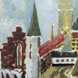 Mid-Century Modern Swedish Cityscape "City Views" Framed Oil Painting