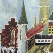 Mid-Century Modern Swedish Cityscape "City Views" Framed Oil Painting