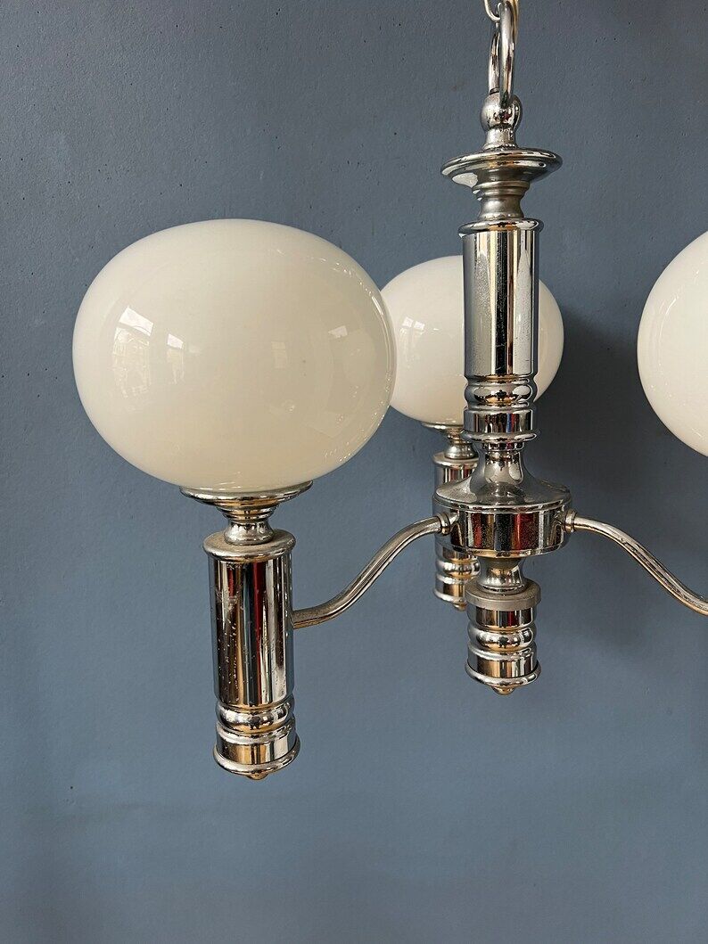 Mid-century white opaline glass chandelier with chrome frame