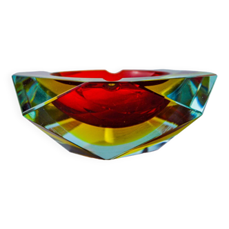 Sommerso red and yellow ashtray by seguso, faceted glass, murano, italy, 1970