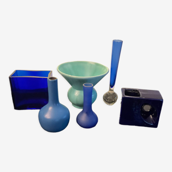 Série de 6 vases vintage en céramique bleue