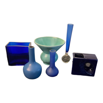 Series of 6 vintage vases in blue ceramic