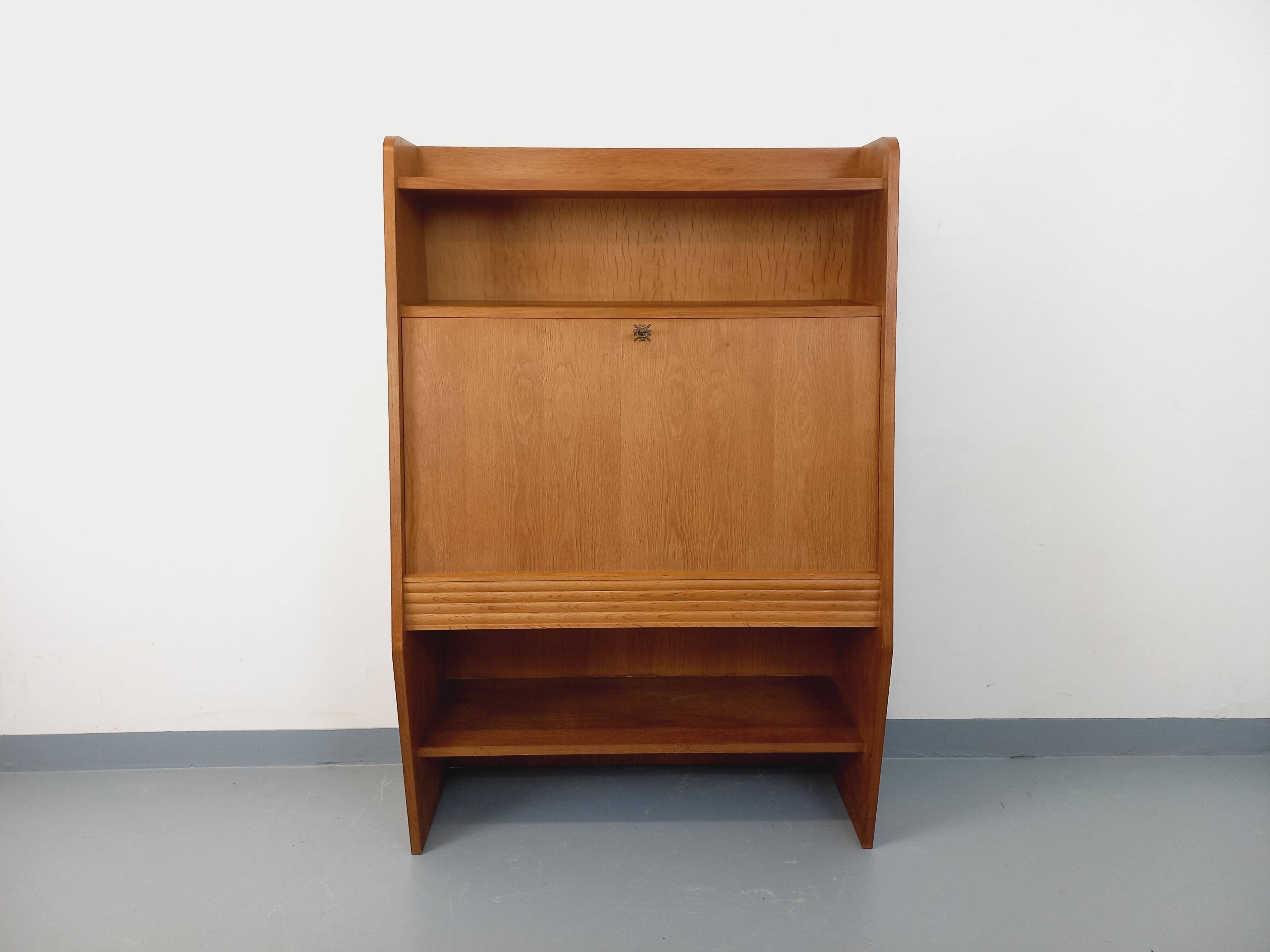 Meuble secrétaire bibliothèque de rangement vintage en bois de chêne