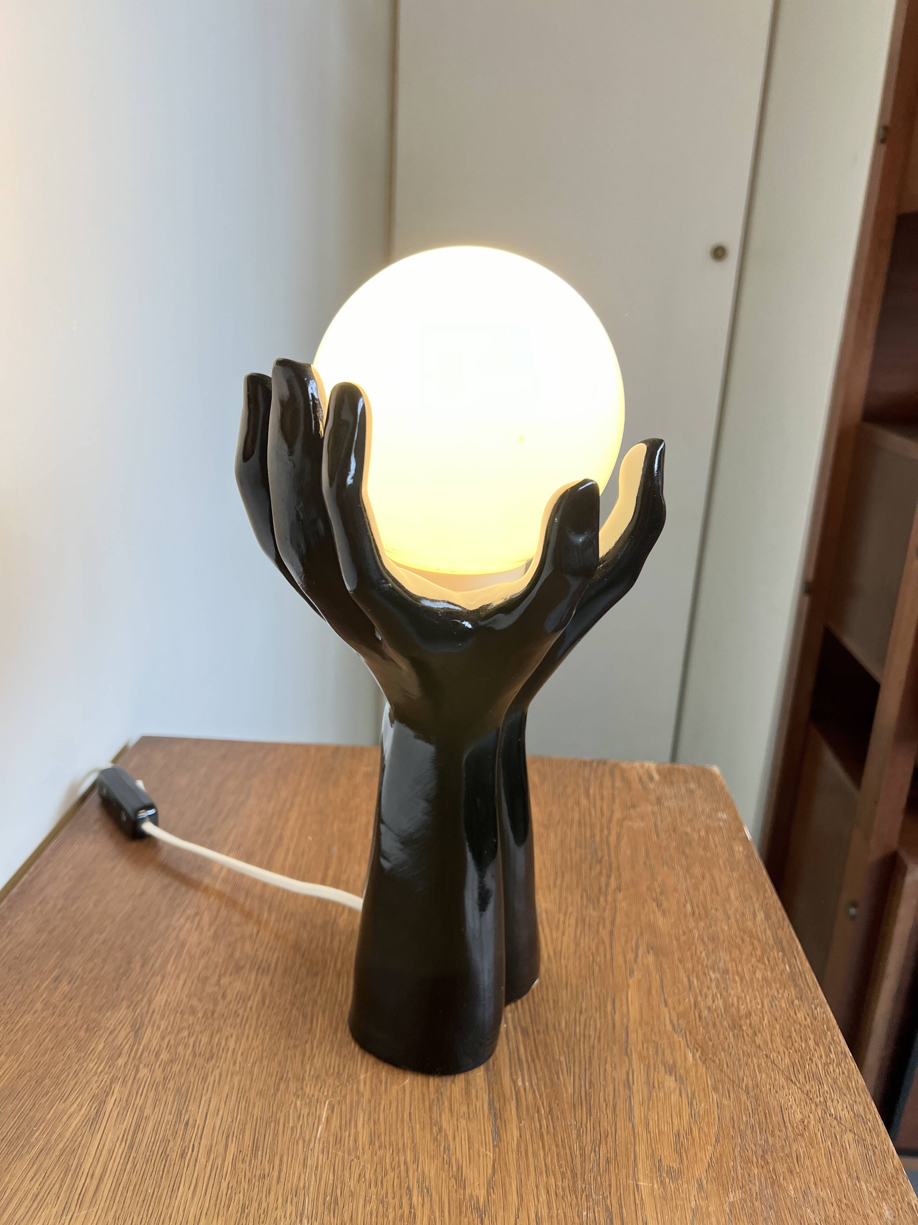 Black Ceramic Lamp with Hands & Opaline Globe – 70s Art Deco Style