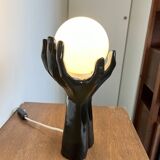 Black Ceramic Lamp with Hands & Opaline Globe – 70s Art Deco Style