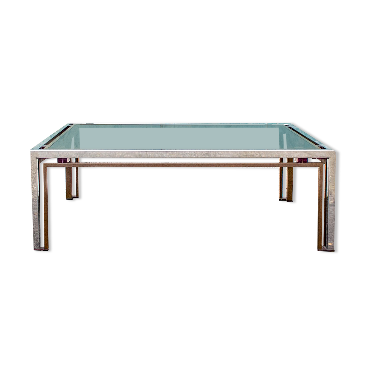 Coffee table in steel and brass, with decorations in colored plexiglas Italy 70s