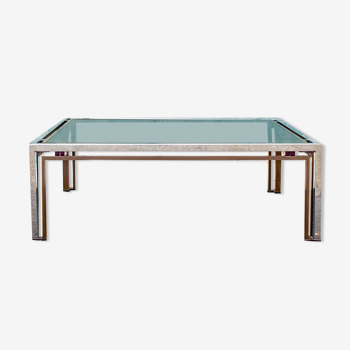 Coffee table in steel and brass, with decorations in colored plexiglas Italy 70s