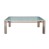 Table basse en acier et laiton, avec décorations en plexiglas coloré Italie années 70