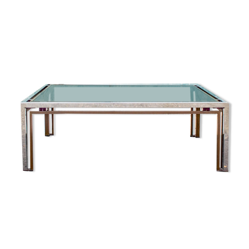 Coffee table in steel and brass, with decorations in colored plexiglas Italy 70s