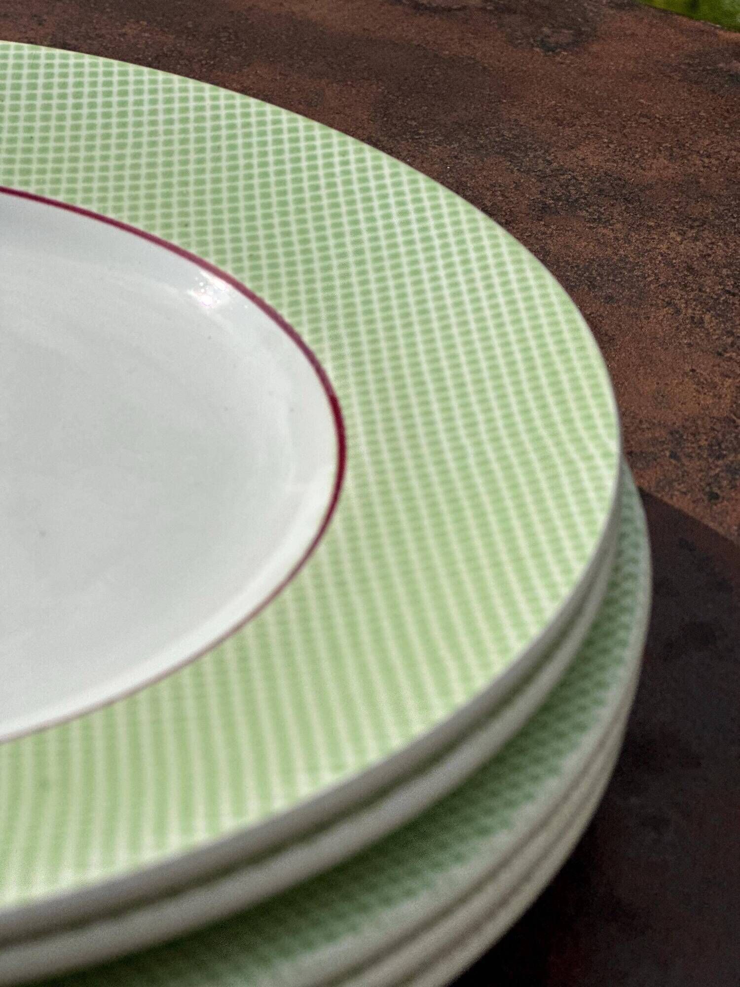 Set of 5 Salins Isoard model plates in vintage green earthenware.