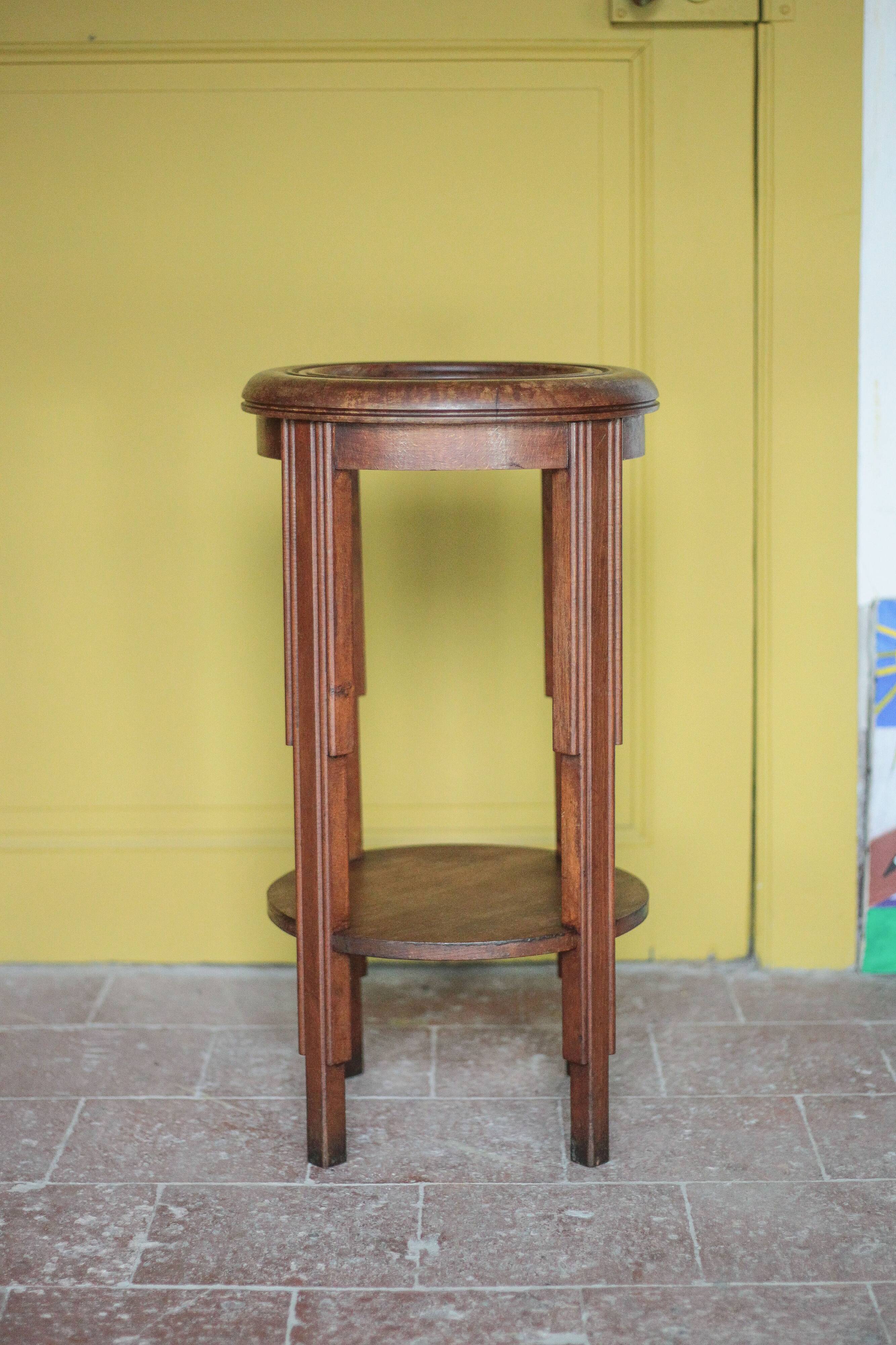 Vintage wooden side table, wooden and marble pedestal table, wooden pedestal, plant stand.