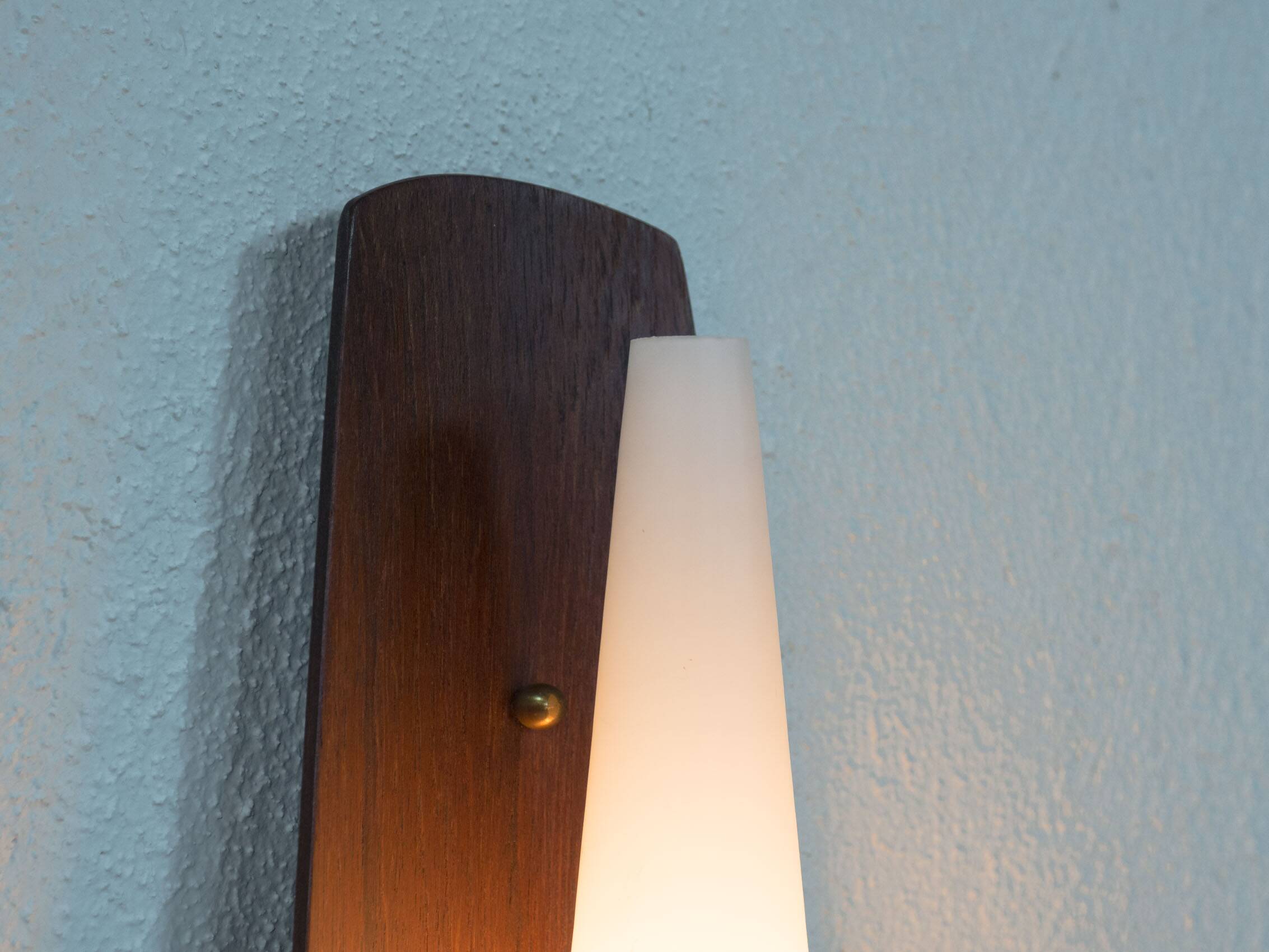 Vintage Danish teak, brass and opaline glass wall lamp