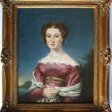 Élégant portrait de dame du XIXe siècle – Huile sur toile, cadre doré